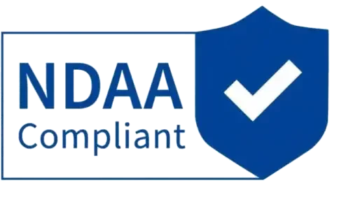 Blaues NDAA Symbol mit Schutzschild und Häkchen als Hinweis auf konforme Sicherheitsprodukte
