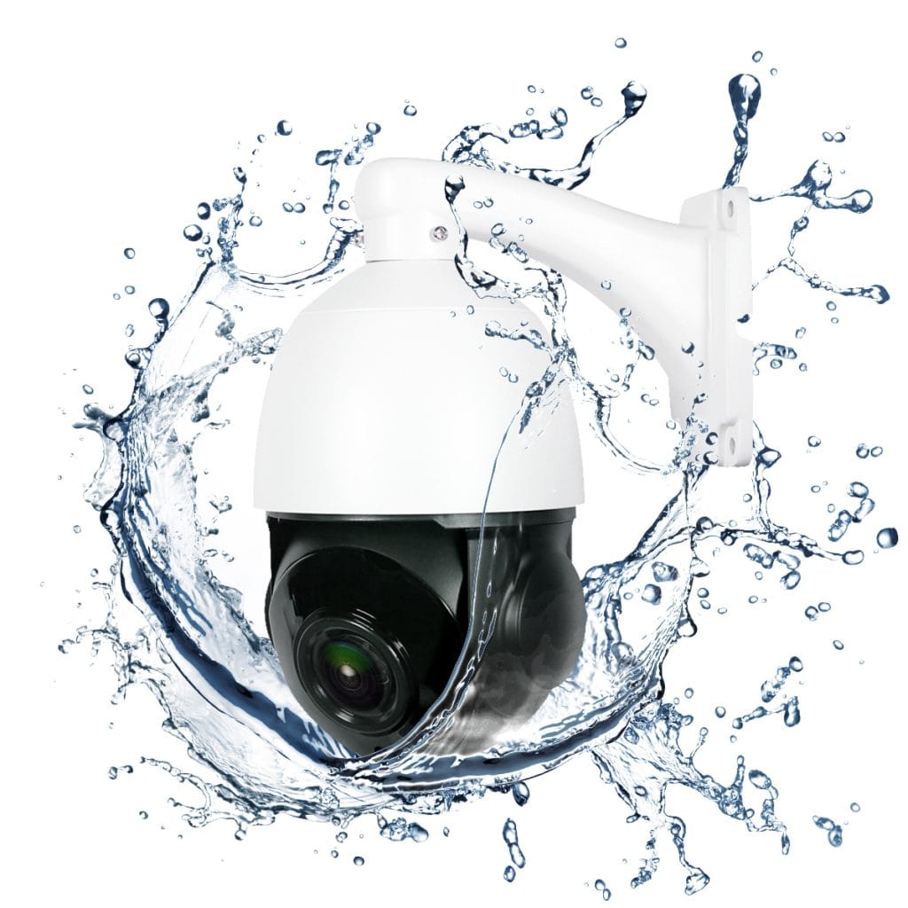 Weiße PTZ-Überwachungskamera mit Wasserspritz-Effekt, steht für IP67-Zertifizierung und zuverlässigen Schutz vor Staub und Regen
