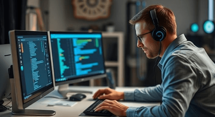 Techniker arbeitet konzentriert an zwei Monitoren mit Code und Netzwerkanalyse, Symbol für technische Unterstützung und Systemüberwachung