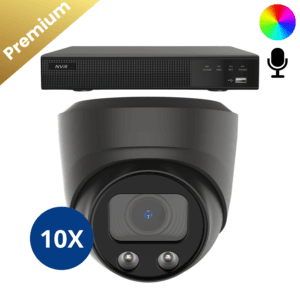 Zehn schwarze Sony Dome Premium Full Color 4K Überwachungskameras, für durchgehende Farbwiedergabe 24/7 und zuverlässigen Ton dank eingebautem Mikrofon.
