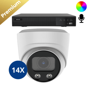 Vierzehn weiße Sony Dome Premium Full Color 4K Kameras, für scharfe 4K-Farbbilder und hochwertige Audioqualität dank integriertem Mikrofon.