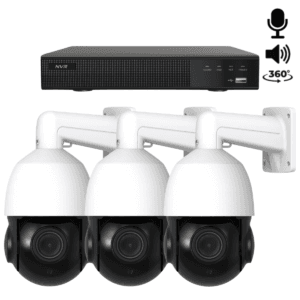 Drei weiße Sony PTZ 360 Grad 2K Kameras mit Mikrofon und Lautsprecher, bieten vollständige Überwachung mit scharfen Bildern und klarer Zweiwegekommunikation.