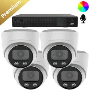 4x Sony Dome Premium Full Color 4K Überwachungskamera – Schwarz: Set aus vier Sony Dome Premium Full Color 4K Kameras in der Farbe Weiß, liefert 4K-Bilder mit klaren Farben und Ton dank des eingebauten Mikrofons.