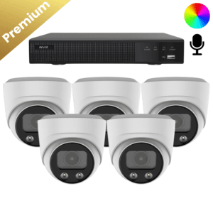 Kameraüberwachung mit 5x der weißen Sicherheitskamera Dome Premium Full Color, durch das eingebaute Mikrofon glasklarer Ton und durch das 8MP 4K Objektiv gestochen scharfes Bild. Und ein wetter- und vandalismusbeständiges Gehäuse IP67.