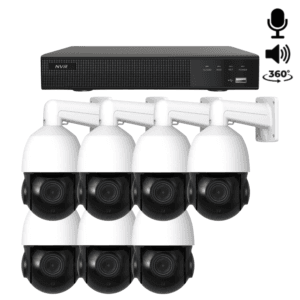Sieben weiße Sony PTZ 360 Grad 2K Kameras für eine vollständige 360-Grad-Abdeckung, ausgestattet mit integriertem Mikrofon und Lautsprecher für klare Zweiwegkommunikation.
