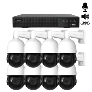 Acht weiße Sony PTZ 360 Grad 2K Kameras, vollständig um 360 Grad drehbar und ausgestattet mit Mikrofon und Lautsprecher für klare Audioübertragung und gestochen scharfe Überwachungsbilder.