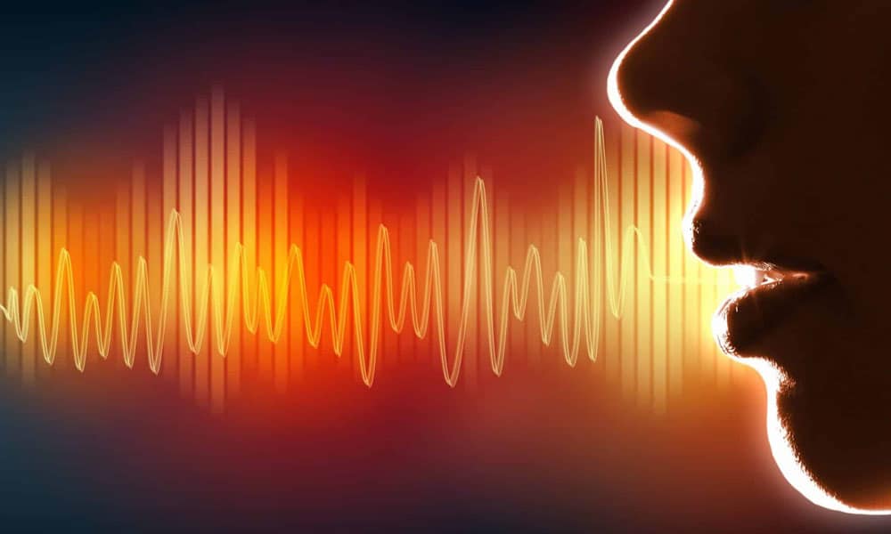 Visualisierung von Sprachwellen neben einem Mund, Symbol für Audioaufnahmefunktion einer Sicherheitskamera