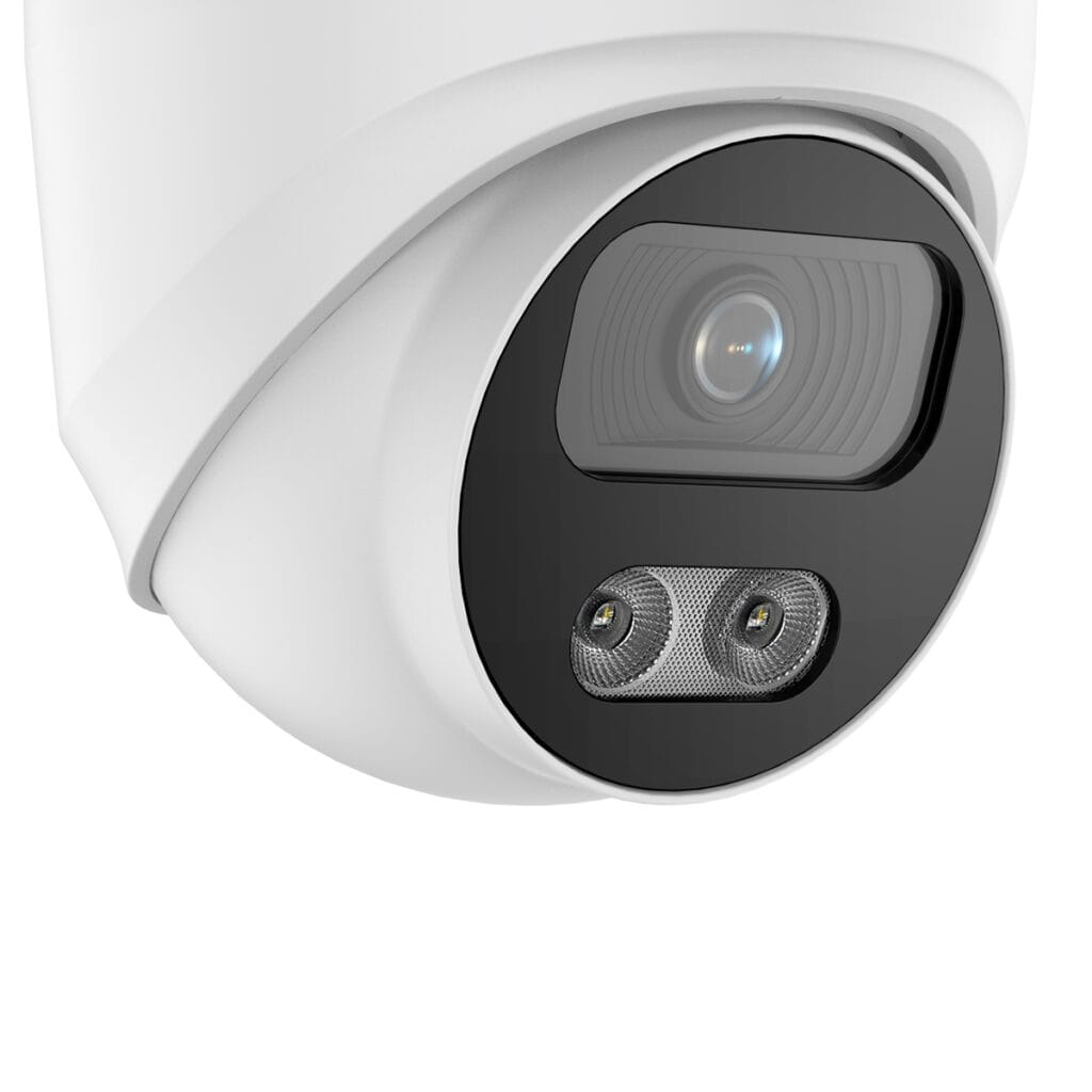 Seitenansicht der weißen Sony Dome Premium 4K Überwachungskamera mit Dual Light und hochwertiger Linse für klare Tag- und Nachtaufnahmen in Farbe. Ideal für professionelle Sicherheitsanwendungen.
