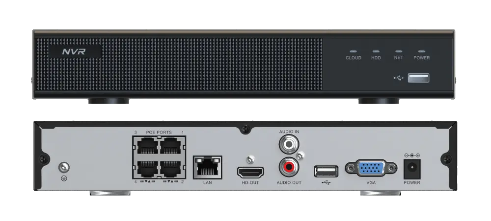 Netzwerkrekorder von vorne und hinten gezeigt mit PoE Ports LAN HDMI Audio USB VGA und Stromanschluss
