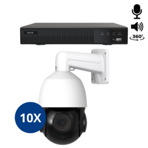 Set aus 10 weißen Sony PTZ 360-Grad-2K-Kameras, die sich um 360 Grad drehen und dank Mikrofon und Lautsprecher klare Bilder und Ton liefern.