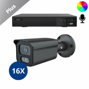 Komplettes Überwachungskamera-System mit 16 Sony Bullet Plus AI-ISP Full Color Kamera in Schwarz, in QHD 2K Auflösung und mit bis zu vierzig Metern Nachtsicht. Mit integriertem Mikrofon, für Innen und Außen geeignet und sofort einsatzbereit.