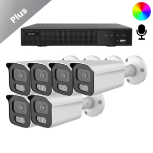 Komplettes Überwachungskamera-System mit 6 Sony Bullet Plus AI-ISP Full Color Kameras in Weiß, in QHD 2K Auflösung und mit bis zu vierzig Metern Nachtsicht. Mit integriertem Mikrofon, für Innen und Außen geeignet und sofort einsatzbereit.