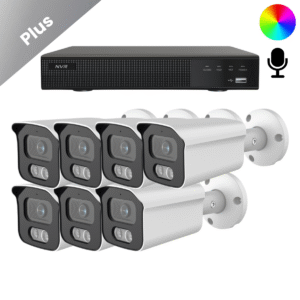 Komplettes Überwachungskamera-System mit 7 Sony Bullet Plus AI-ISP Full Color Kameras in Weiß, in QHD 2K Auflösung und mit bis zu vierzig Metern Nachtsicht. Mit integriertem Mikrofon, für Innen und Außen geeignet und sofort einsatzbereit.
