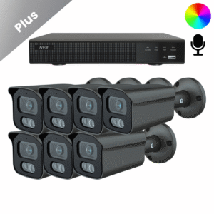 Komplettes Überwachungskamera-System mit 7 Sony Bullet Plus AI-ISP Full Color Kamera in Schwarz, in QHD 2K Auflösung und mit bis zu vierzig Metern Nachtsicht. Mit integriertem Mikrofon, für Innen und Außen geeignet und sofort einsatzbereit.