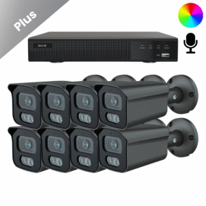 Komplettes Überwachungskamera-System mit 8 Sony Bullet Plus AI-ISP Full Color Kamera in Schwarz, in QHD 2K Auflösung und mit bis zu vierzig Metern Nachtsicht. Mit integriertem Mikrofon, für Innen und Außen geeignet und sofort einsatzbereit.