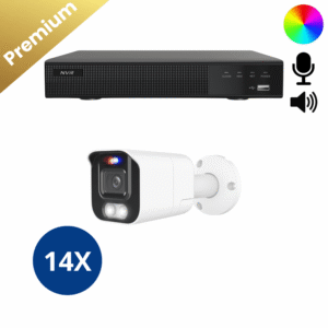 Ein komplettes Überwachungskamera Set mit 14 Bullet Two Way Audio Kameras in Weiß, Aufzeichnungsrekorder und allem Zubehör.