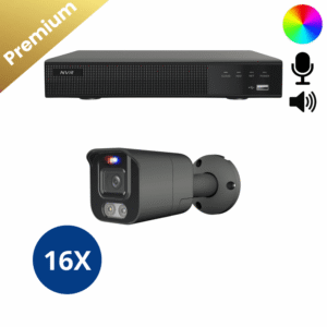 Ein komplettes Überwachungskamera Set mit 16 Bullet Two Way Audio Kameras in Schwarz, Aufzeichnungsrekorder und allem Zubehör.