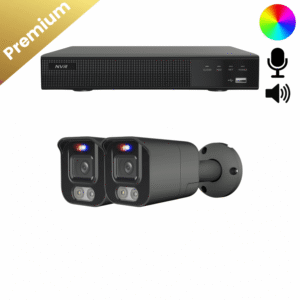Ein komplettes Überwachungskamera Set mit 2 Bullet Two Way Audio Kameras in Schwarz, Aufzeichnungsrekorder und allem Zubehör.