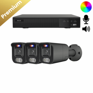 Ein komplettes Überwachungskamera Set mit 3 Bullet Two Way Audio Kameras in Schwarz, Aufzeichnungsrekorder und allem Zubehör.