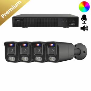 Ein komplettes Überwachungskamera Set mit 4 Bullet Two Way Audio Kameras in Schwarz, Aufzeichnungsrekorder und allem Zubehör.