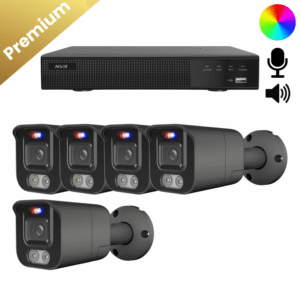 Ein komplettes Überwachungskamera Set mit 5 Bullet Two Way Audio Kameras in Schwarz, Aufzeichnungsrekorder und allem Zubehör.