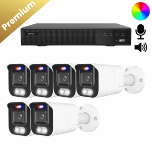 Ein komplettes Überwachungskamera Set mit 6 Bullet Two Way Audio Kameras in Weiß, Aufzeichnungsrekorder und allem Zubehör.