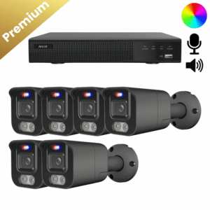 Ein komplettes Überwachungskamera Set mit 6 Bullet Two Way Audio Kameras in Schwarz, Aufzeichnungsrekorder und allem Zubehör.
