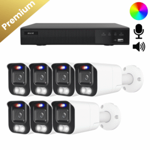 Ein komplettes Überwachungskamera Set mit 7 Bullet Two Way Audio Kameras in Weiß, Aufzeichnungsrekorder und allem Zubehör.
