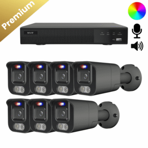 Ein komplettes Überwachungskamera Set mit 7 Bullet Two Way Audio Kameras in Schwarz, Aufzeichnungsrekorder und allem Zubehör.