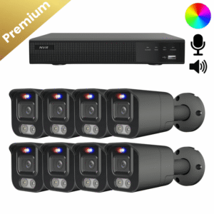 Ein komplettes Überwachungskamera Set mit 8 Bullet Two Way Audio Kameras in Schwarz, Aufzeichnungsrekorder und allem Zubehör.